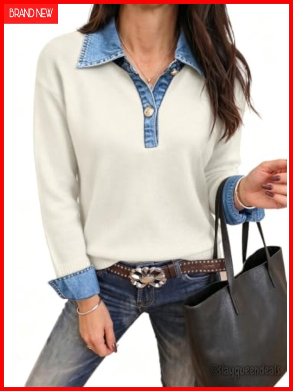 Faux Layered Denim Collar Chunky Knit Pullover Sweater Oversized